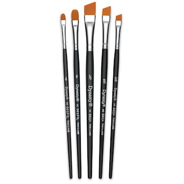 Open in modal - Dynasty Finest Golden Synthetic Brushes - Angle and Filbert, Set of 5, brushes fanned out