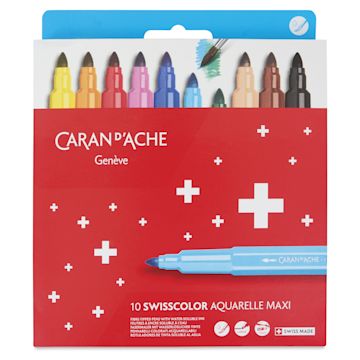 Open in modal - Caran d’Ache Swisscolor Aquarelle Maxi Markers - Assorted Colors, Set of 10, front of packaging