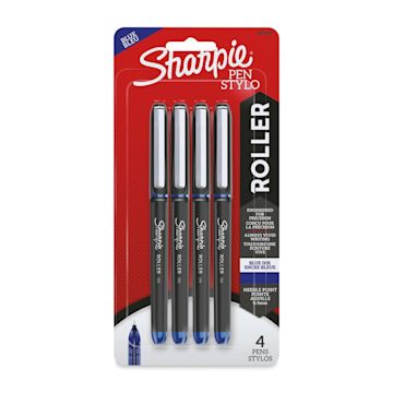 Open in modal - Sharpie Rollerball Pens - Front of blister package of 4 pc Blue Pens