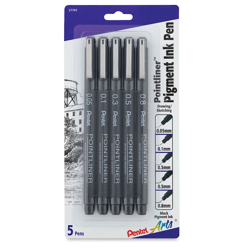 Pentel Arts Pointliner Pens Pkg of 5, Assorted Sizes BLICK Art