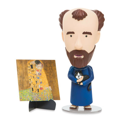 Art History Heroes Figurine - Gustav Klimt figurine standing next to his artwork