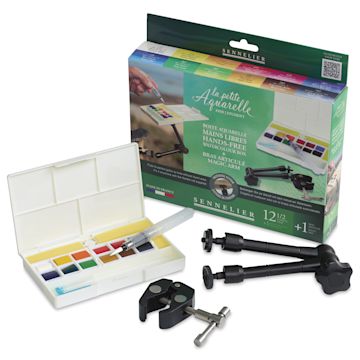 Open in modal - Sennelier La Petite Aquarelle Watercolor Half Pan Hands-Free Set - Set of 12 with Magic Arm, Assorted Colors