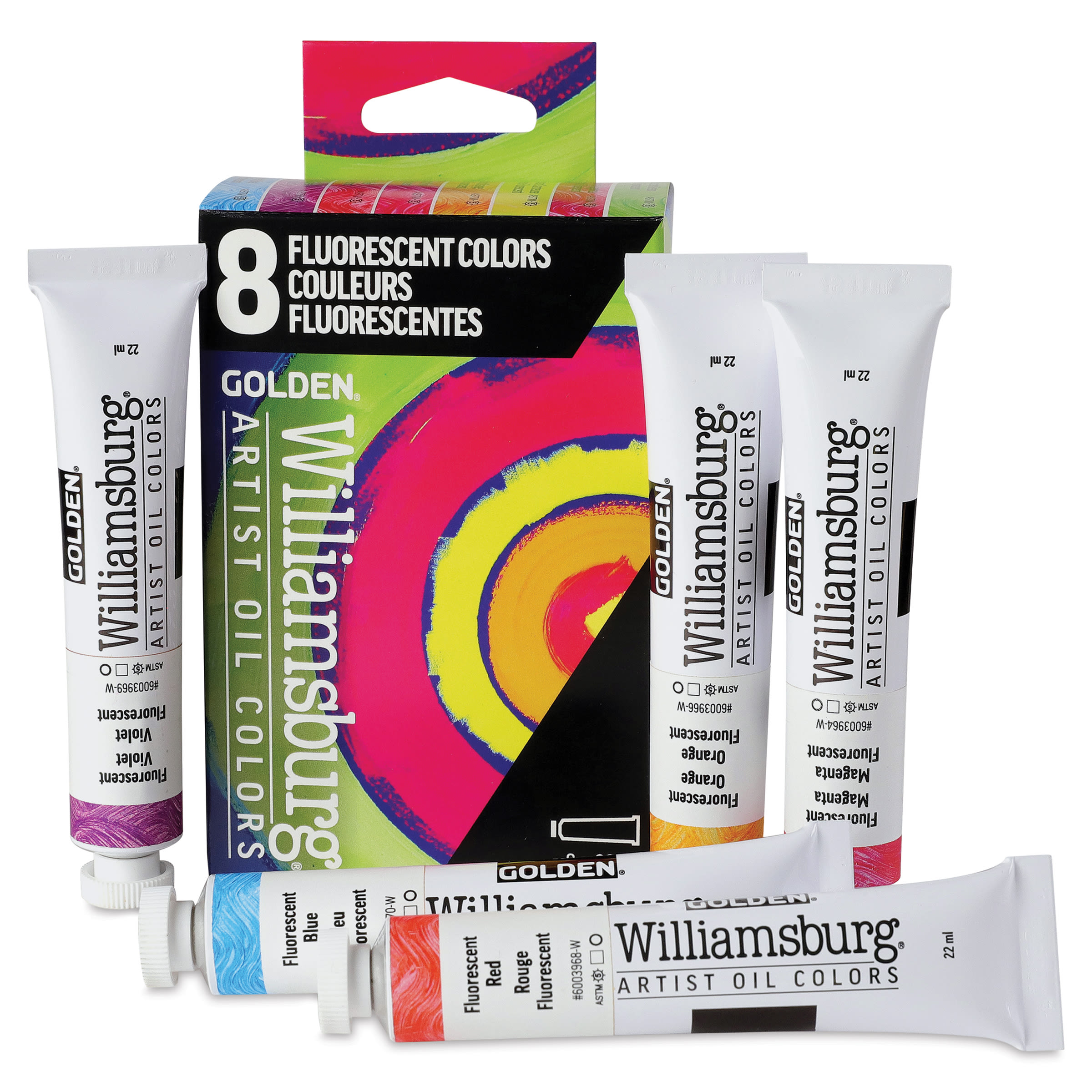 Williamsburg Handmade Oil Paints - Set of 8, Fluorescent, 22 ml Tubes, contents and packaging