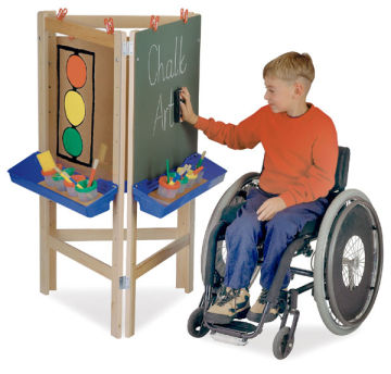 3-Way Adjustable Easel - Child in wheelchair erasing chalkboard side of Easel