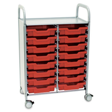 Gratnells Callero Storage Cart - Angled view of cart with 16 shallow red trays

