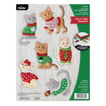 Open in modal - Bucilla Holiday Felt Ornament Kit - Cats In Ugly Sweaters, front of packaging