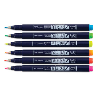 Tombow Fudenosuke Brush Pens - Set of 6, Neon Colors, Full view of brushes