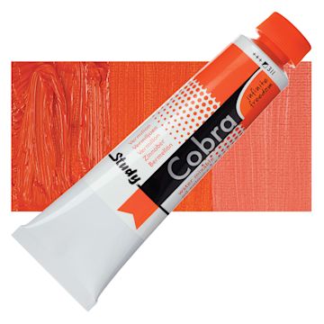Open in modal - Royal Talens Cobra Study Water Mixable Oil Paint - Vermilion, 40 ml tube and swatch