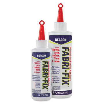 Beacon Fabri-Fix Permanent Adhesive, two bottles of difference ounces next to each other