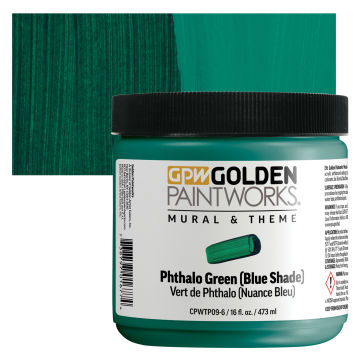 Golden Paintworks Mural and Theme Acrylic Paint - Phthalo Green (Blue Shade), 16 oz, Jar with swatch