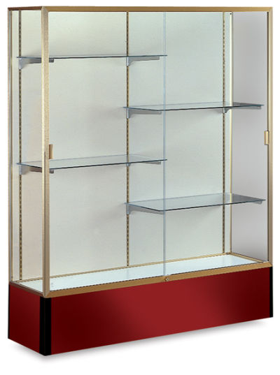 Spirit Series Display Case - Angled view of Champagne Gold Frame with Maroon base