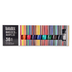 Liquitex Basics Acrylic Paint, Set of 36, 0.75 oz. Front of package.
