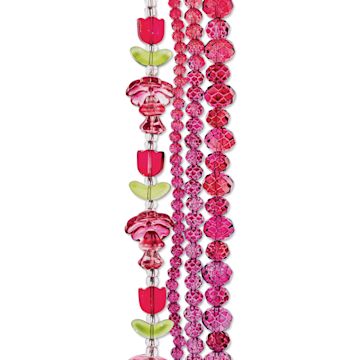 Open in modal - John Bead Crystal Lane DIY Glass Garden Bead Quadruple Strand - Tulips, Flowers, and Faceted Rondelles, Red