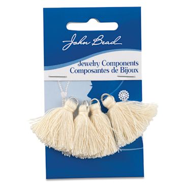 Open in modal - John Bead Poly Cotton Tassels - Front of blister package of 4 Ivory Tassels