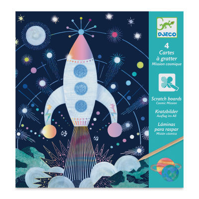 Djeco Petit Gift Scratch Board Kit - Cosmic Mission (Front of packaging)