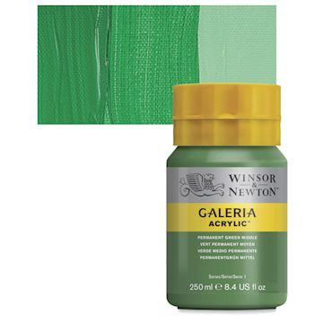 Open in modal - Winsor & Newton Galeria Flow Acrylic - Permanent Green Middle, 250 ml tube and swatch