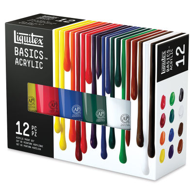 Liquitex Basics Acrylic Set - Set of 12, Assorted Colors, 4 oz, Tubes (Front of packaging, Angled view)