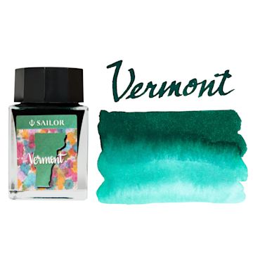 Open in modal - Sailor USA State Ink - Vermont, Emerald Green, 20 ml, swatch and bottle