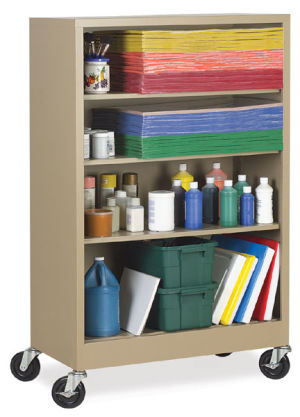 Atlantic Metal Mobile Bookcase left angle view with art supplies on four shelves