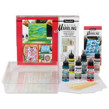 DecoArt Water Marbling Acrylic Paint - Starter Kit, contents laid out in front of the packaging. 