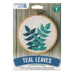 Leisure Arts Embroidery Kit - Teal Leaves, 4" (Front of packaging)