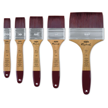 Raphaël Sepia Flat Brushes - Several sizes of Flat brushes shown upright
