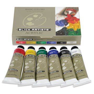 Open in modal - Blick Artists' Acrylic Set - Basic Set, Set of 6 colors, 2 oz tubes, tubes outside of packaging