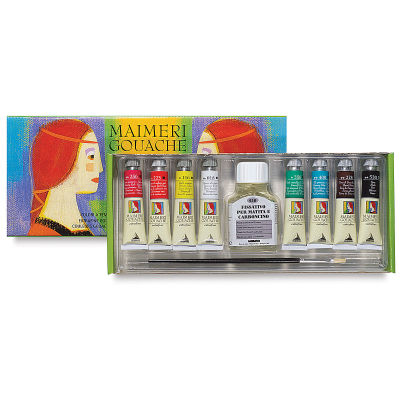 Maimeri Artist Gouache Intro Set - Open Set of 8 Colors with Tubes and fixative shown in tray