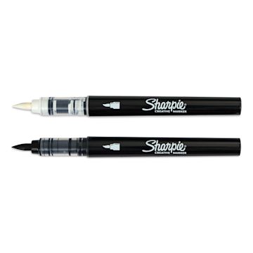 Open in modal - Sharpie Creative Acrylic Markers - Brush Tip, Set of 2, Black and White, markers laid out with caps off