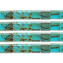 John Bead Miyuki Tila Beads - Turquoise with Brown, Opaque Picasso, 5 mm x 5 mm (Close-up of beads)