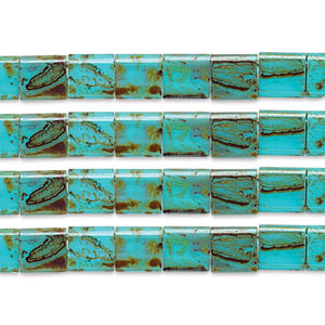John Bead Miyuki Tila Beads - Turquoise with Brown, Opaque Picasso, 5 mm x 5 mm (Close-up of beads)