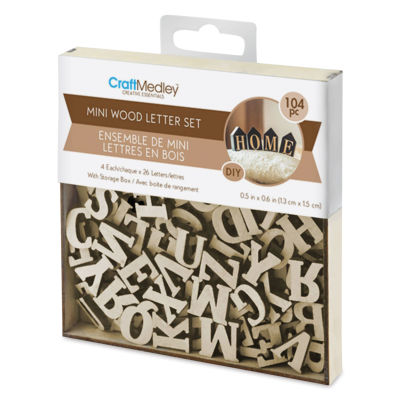 Craft Medley Mini Wood Letter Set - Natural, Pkg of 104 (front of packaging)
