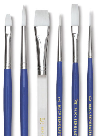 Blick Scholastic Wonder White Synthetic Brushes - Set of 6 assorted handles. Blue and clear handles.