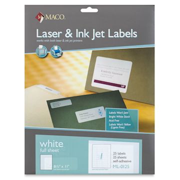 Open in modal - Maco Laser/Ink Jet White Multi-Purpose Labels - Front of package of 25 Full Sheet Labels