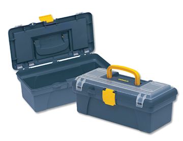 Open in modal - Artist Select Plastic Box - 6" x 5" x 12", Blue/Yellow Trim, Opened and Closed