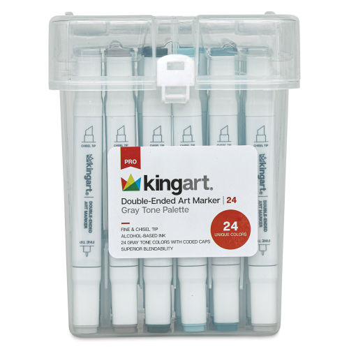 KINGART® PRO Double-Ended Art Alcohol Markers, 24 Gray Tone Palette  Colors with Both Fine & Chisel Tips and Superior Blendability 