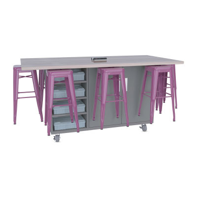 CEF Ed8 Work Table with Stools, 42"H table with purple stools and Northsea Grey finish.