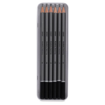 Academy Sketching Pencils -  Set of 6 Pencils shown open in storage tin
