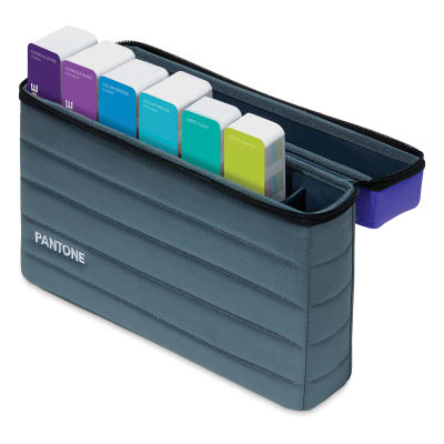 Pantone Essentials Guide Set - Right angle view of open carrying case holding 6 Guides