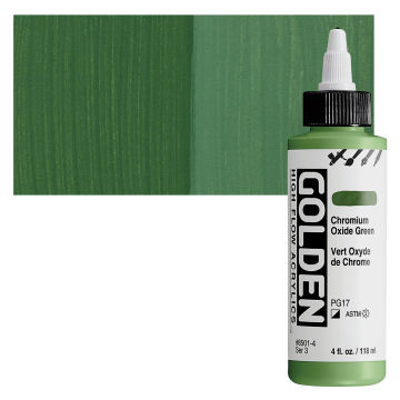 Golden High Flow Acrylics - Chromium Oxide Green, 4 oz bottle with swatch