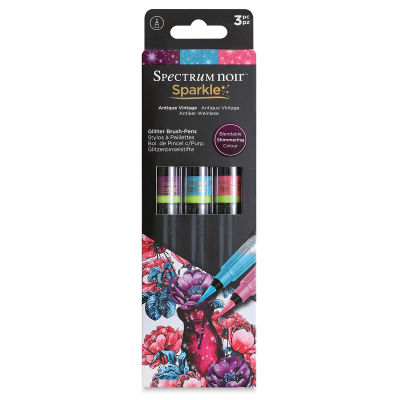 Spectrum Noir Sparkle Glitter Brush Pens - Antique Vintage Colors, Set of 3 (front of package)