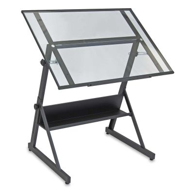 Solano Drafting Table - Angled view of table showing shelf with clear glass top set at angle