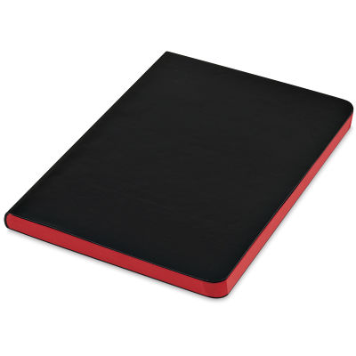 Shizen Faux Leather Journal - Angled view of closed Black Journal with red sheets
