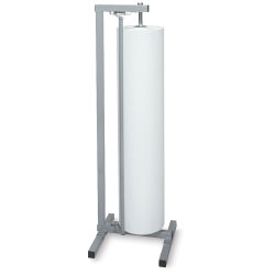 Vertical Paper Roll Racks - Front view of Single Rack without Casters holding 1 White Roll of paper