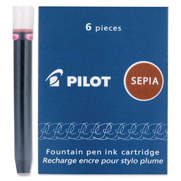 Open in modal - Pilot Fountain Pen Ink Cartridge - Sepia, Pkg of 6, one cartridge next to the packaging