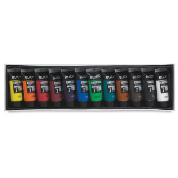 Blick Studio Acrylic Paints - Set of 12 colors, 21 ml tubes. Inside row of tubes.