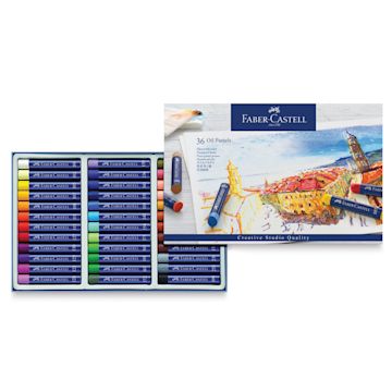 Open in modal - Faber-Castell Goldfaber Studio Oil Pastel Set - Package open showing tray of 36 colors