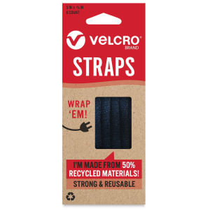 Velcro Brand ECO Collection Straps, Black, 5" x 3/8", Pkg of 6, Front Of Package
