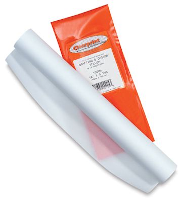 Open in modal - Clearprint 1000H Drafting Vellum Slightly unrolled Vellum roll over packaging showing transparency