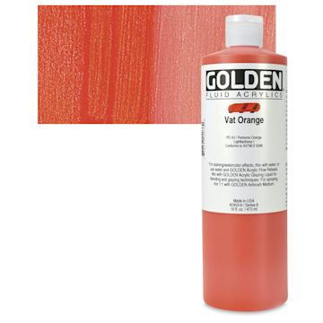 Open in modal - Golden Fluid Acrylic - Vat Orange, 16 oz bottle and swatch
